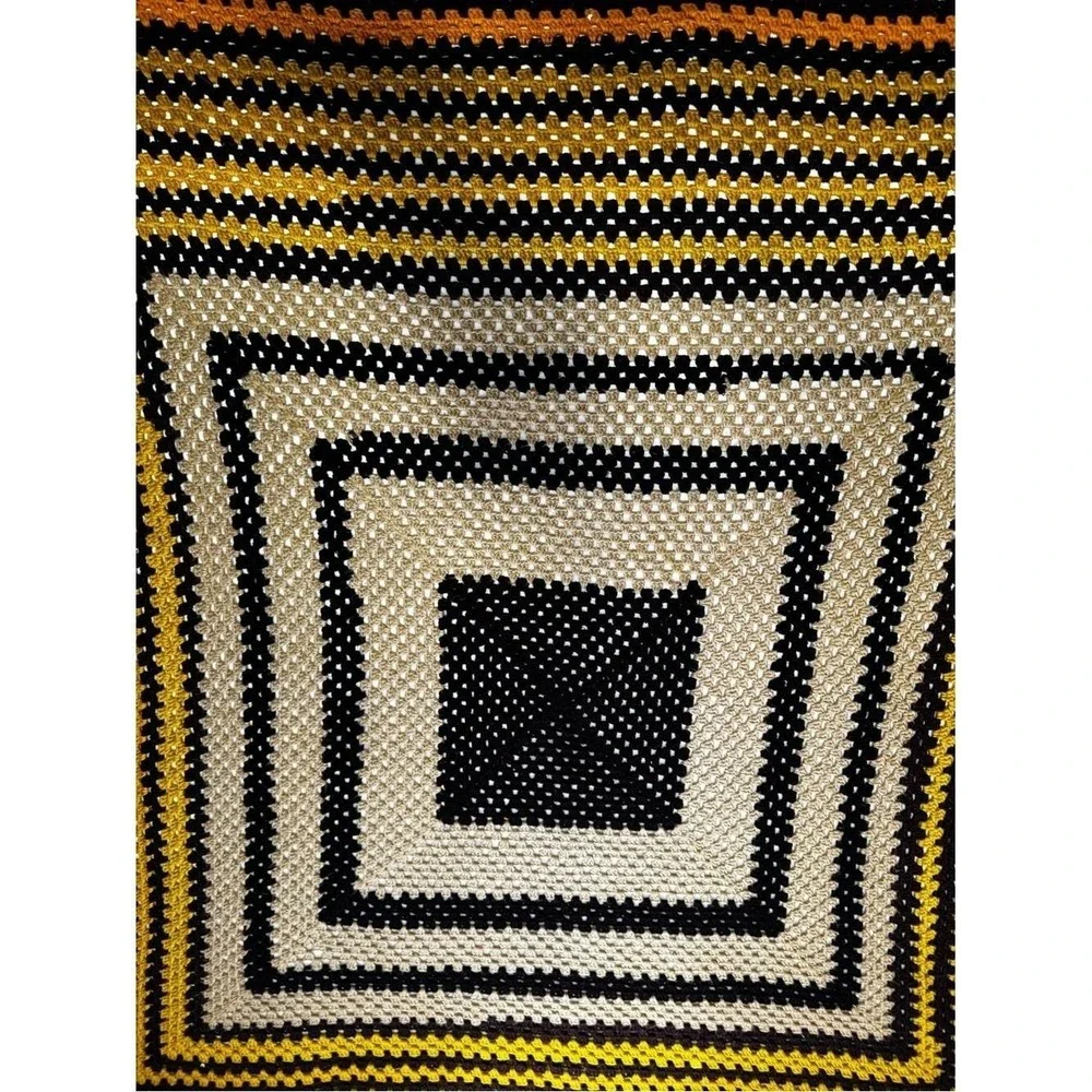 VTG 70s Crochet Afghan Handmade Brown Orange Yellow Band Van Basement Throw
